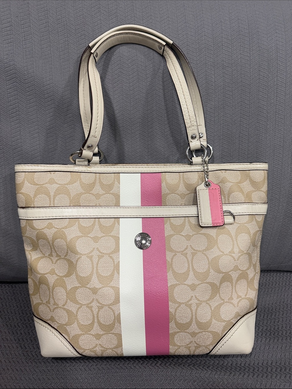 Coach Tan Signature Canvas Tote with Pink and White Center Stripe